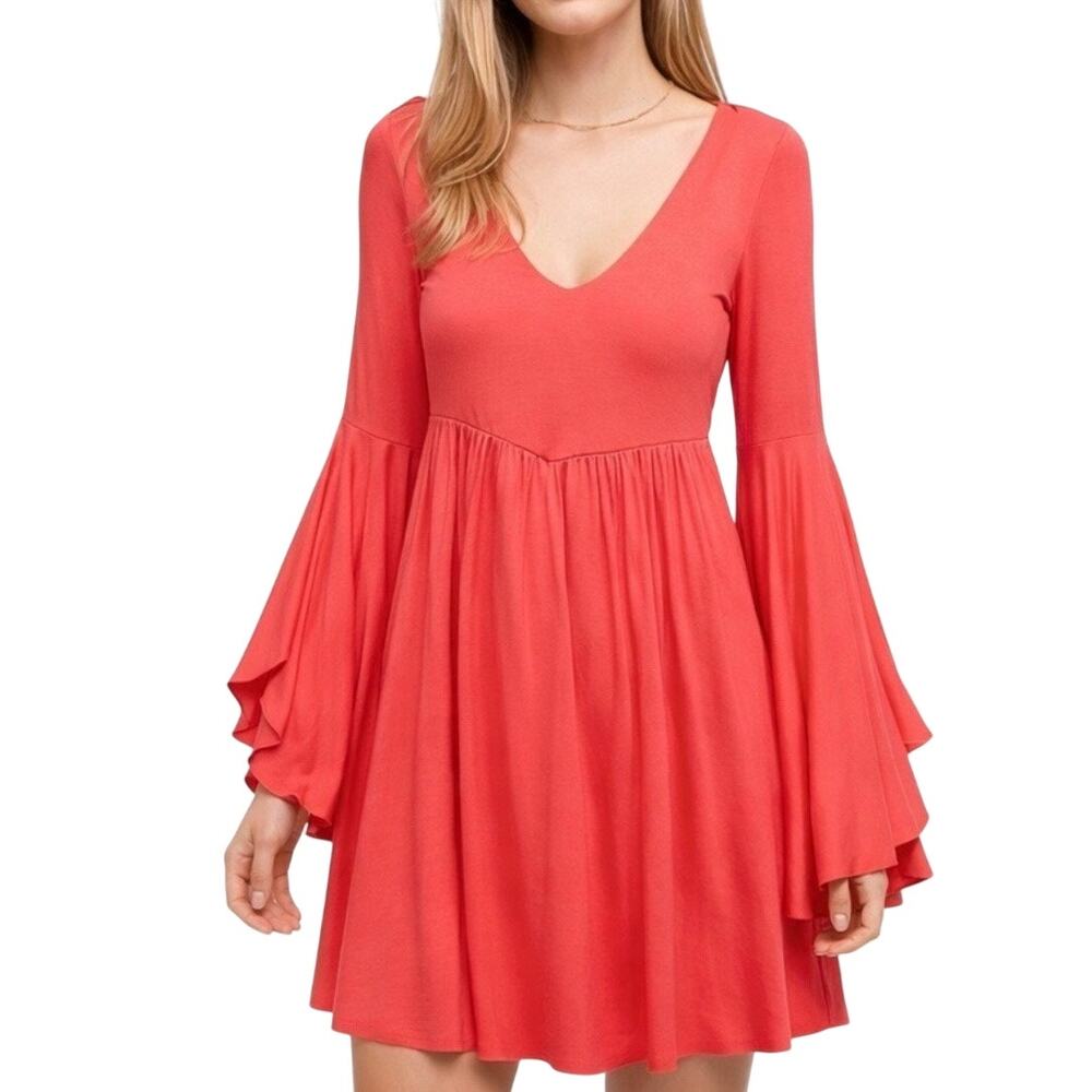 Free People Beach Camilla Mini Dress Size L Red Flare Bell Sleeve Oversized Boho